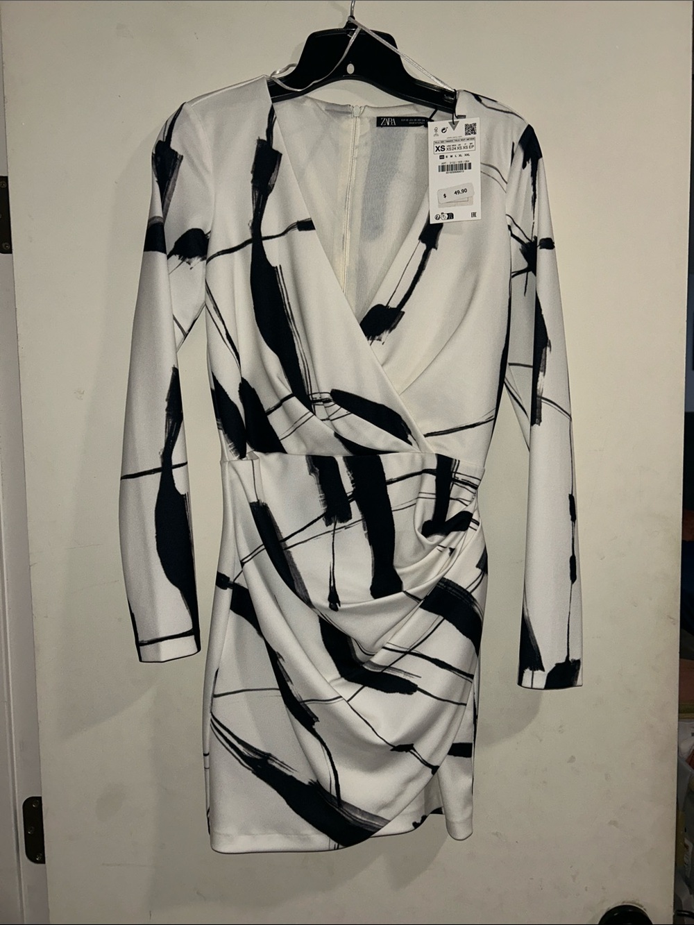 ZARA Black & White Brushstroke Long Sleeve Wrap Dress